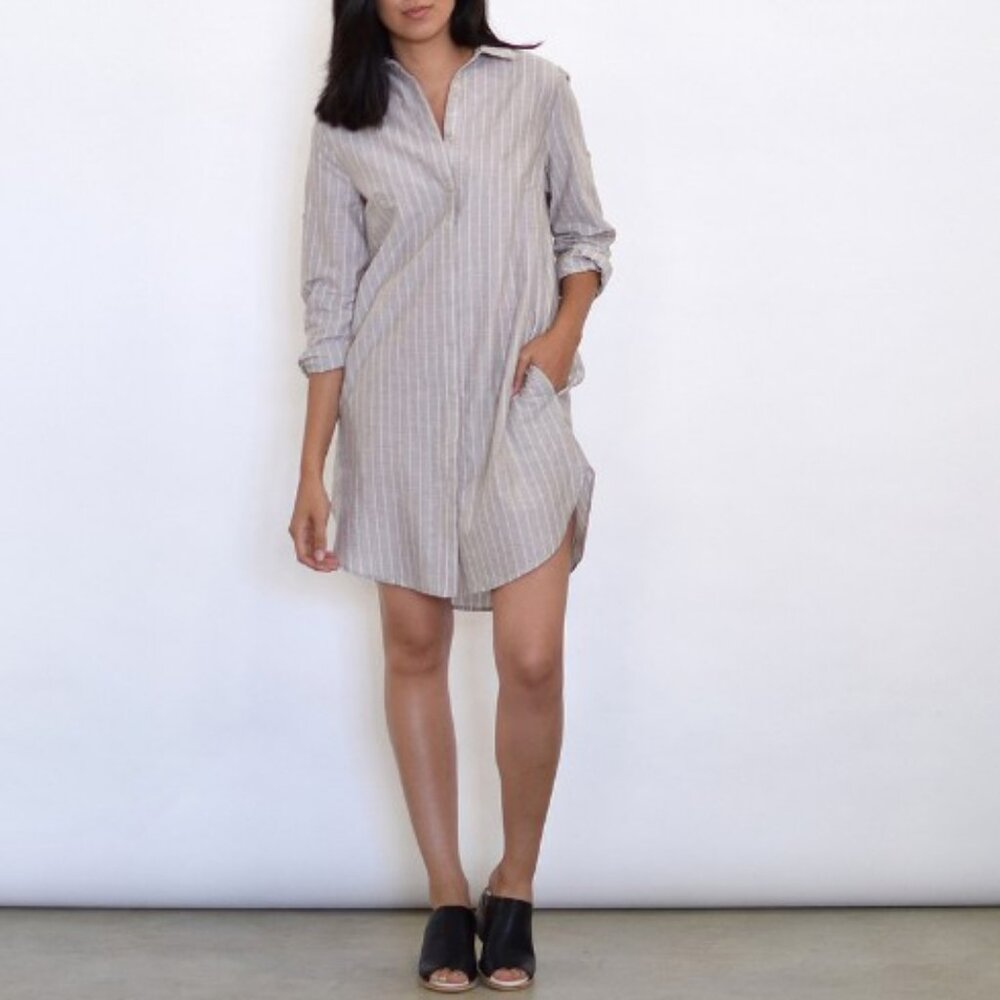 Lumiere striped button up long sleeve shirt dress tan and white women's size L